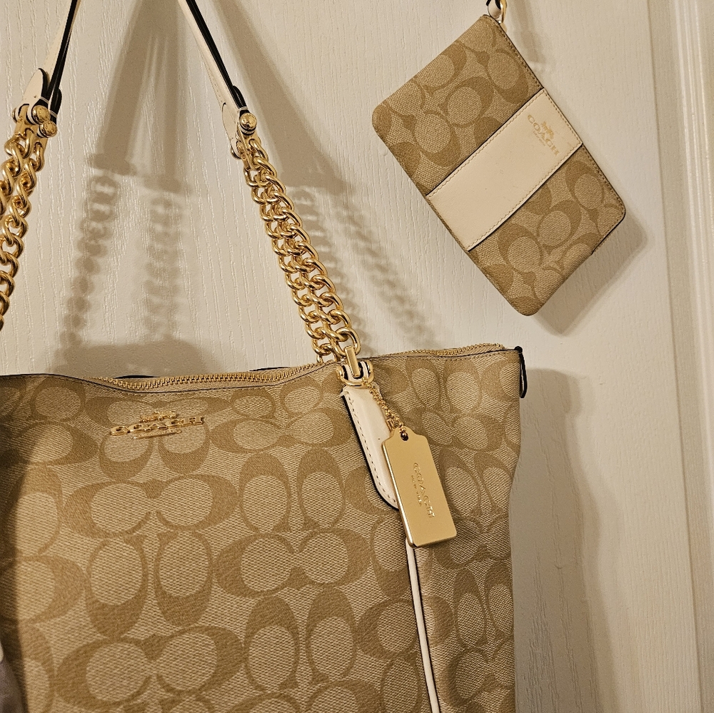 Coach Ava Chain Tote in Canvas Kahki n Chark with Gold Hardware matching pouch - Picture 3 of 12